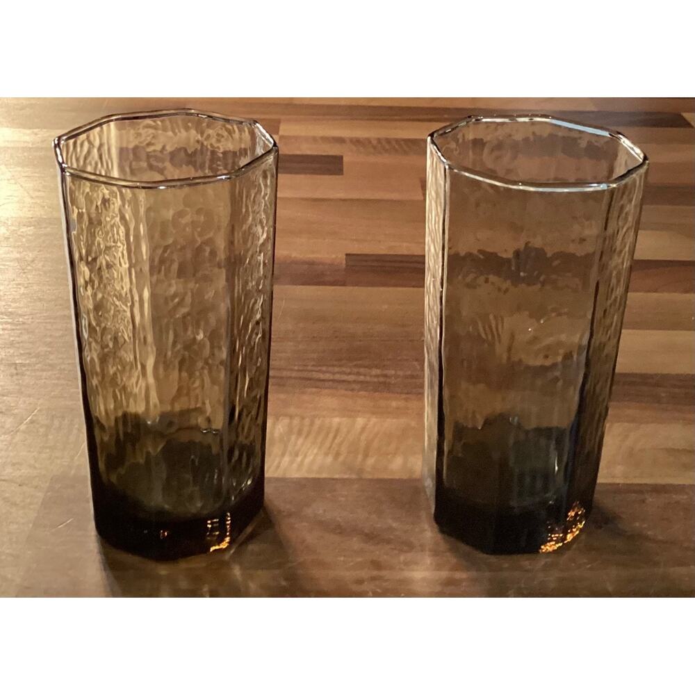Vintage Libbey Facets Brown 12 oz Glasses Textured Tumblers 5.75” Set of 2